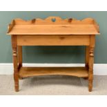 PINE WASHSTAND - modern, splashback top on turned and block supports with potboard shelf, 84cms H,