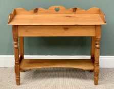 PINE WASHSTAND - modern, splashback top on turned and block supports with potboard shelf, 84cms H,