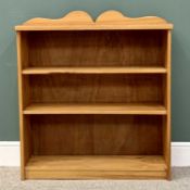 PINE BOOKCASE - modern with three shelves and shaped railback, 104cms H, 92cms W, 24cms D