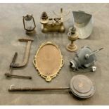 VINTAGE METALWARE - to include Avery scales and weights, large G-clamp, lantern, bedpan ETC