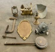 VINTAGE METALWARE - to include Avery scales and weights, large G-clamp, lantern, bedpan ETC