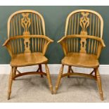 LIGHT ELM WINDSOR ARMCHAIRS - a fine modern pair with pierced splat, comb and spindlebacks, shaped