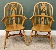 LIGHT ELM WINDSOR ARMCHAIRS - a fine modern pair with pierced splat, comb and spindlebacks, shaped