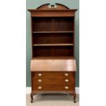 EDWARDIAN MAHOGANY BUREAU BOOKCASE - having a three shelf broken arch top, a drop down centre