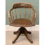 VICTORIAN OAK CURVED BACK OFFICE CHAIR - spindle uprights, rexine seat, on a swivel base and four