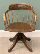 VICTORIAN OAK CURVED BACK OFFICE CHAIR - spindle uprights, rexine seat, on a swivel base and four