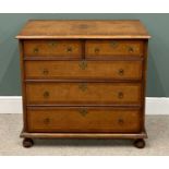 CROSSBANDED WALNUT CHEST OF DRAWERS - having two short over three long drawers with brass ring