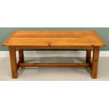 REFECTORY TYPE TABLE - substantial modern pine with cross-stretcher, 76cms H, 185cms W, 86cms D