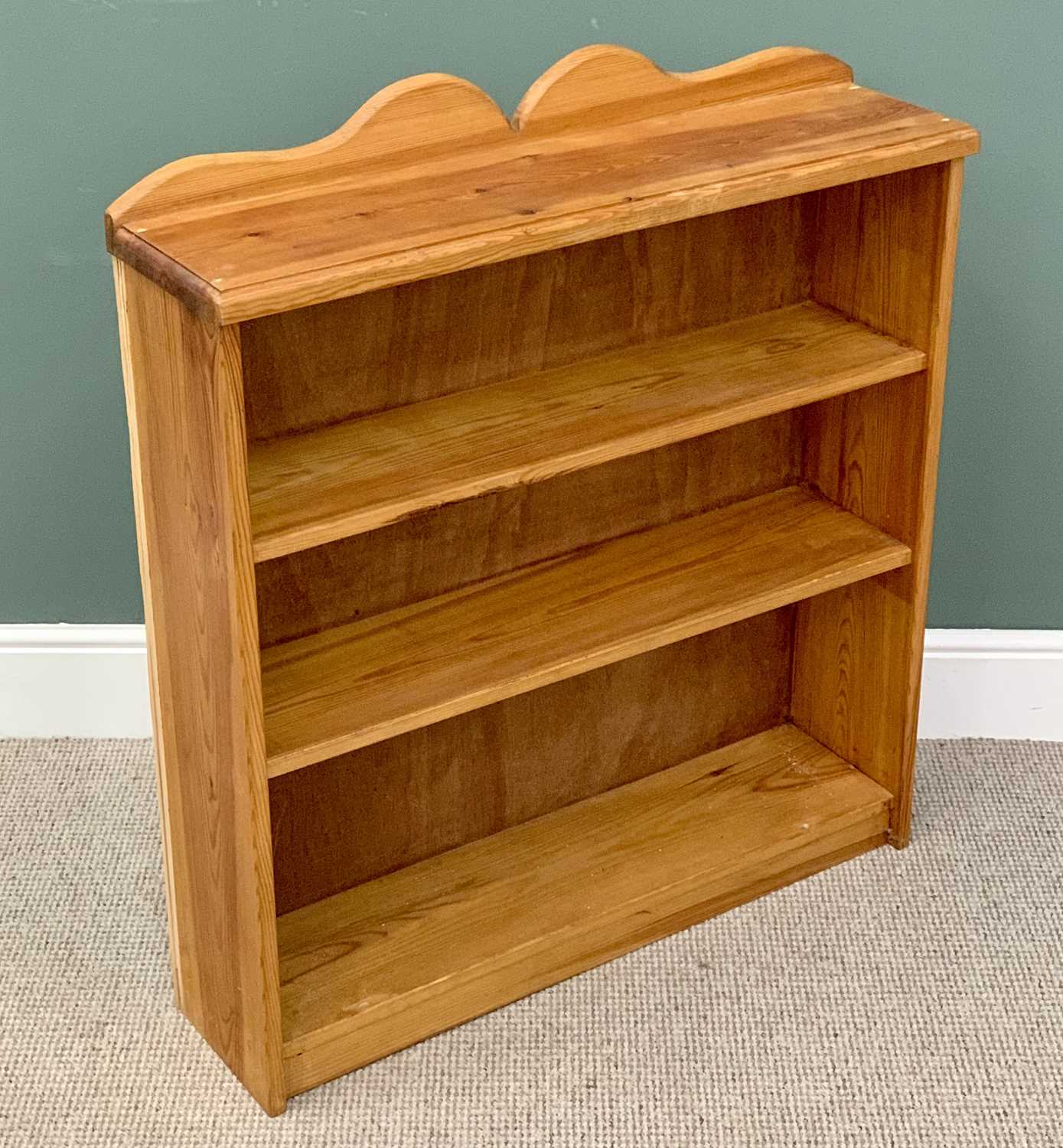 PINE BOOKCASE - modern with three shelves and shaped railback, 104cms H, 92cms W, 24cms D - Image 3 of 3