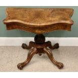 VICTORIAN WALNUT FOLDOVER CARD TABLE - having a single pedestal and shaped top, 69cms H, 92cms W,