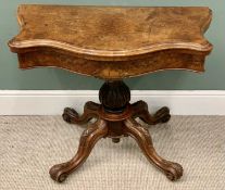 VICTORIAN WALNUT FOLDOVER CARD TABLE - having a single pedestal and shaped top, 69cms H, 92cms W,