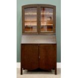 ONE PIECE ARTS & CRAFTS STYLE BUREAU BOOKCASE - the top with twin leaded glass doors, drop down