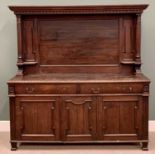 SUBSTANTIAL CIRCA 1900 OAK SIDEBOARD - with pillared hood, the base having two long drawers and