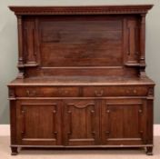 SUBSTANTIAL CIRCA 1900 OAK SIDEBOARD - with pillared hood, the base having two long drawers and