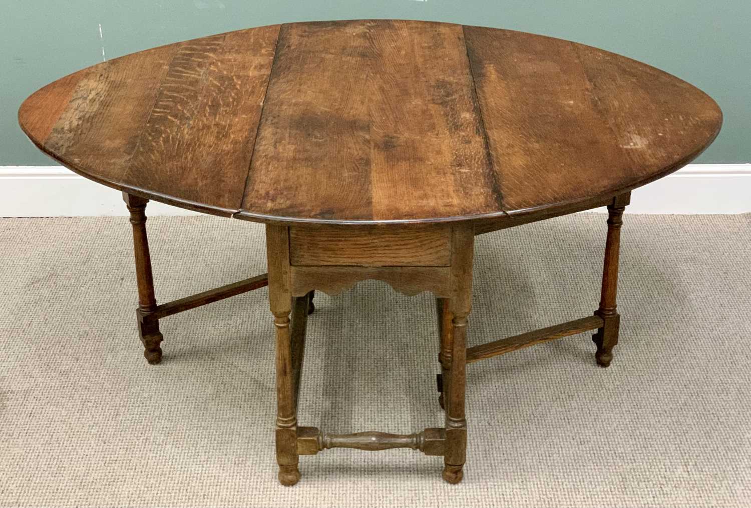 PLUS LOT 30 - VINTAGE OAK GATE LEG TABLE - on turned and block supports, 72cms H, 51cms D closed,