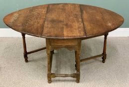 PLUS LOT 30 - VINTAGE OAK GATE LEG TABLE - on turned and block supports, 72cms H, 51cms D closed,