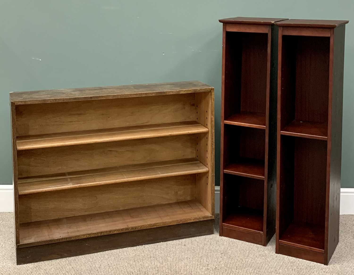 OFFERED WITH LOT 28 - BOOKCASES x 3 - a modern oak set with adjustable shelves, 84cms H, 107cms W,