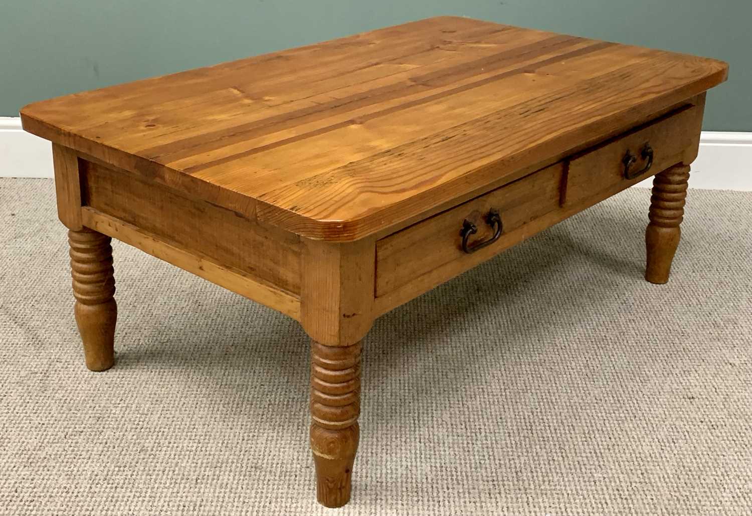 PLUS LOT 14 - MODERN PINE COFFEE TABLE - with twin drawers, 50cms H, 122cms W, 76cms D - Image 3 of 4