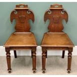 VICTORIAN SHAPED SHIELDBACK HALL CHAIRS - a pair, on turned and segmented front supports, 89cms H,
