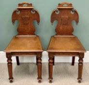 VICTORIAN SHAPED SHIELDBACK HALL CHAIRS - a pair, on turned and segmented front supports, 89cms H,