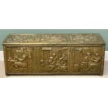 COAL/LOG BOX - large capacity, repousse brass with tavern scenes, 50cms H, 138cms W, 42cms D