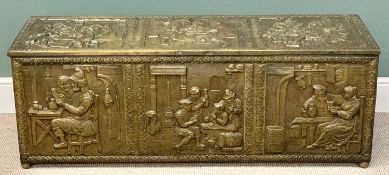 COAL/LOG BOX - large capacity, repousse brass with tavern scenes, 50cms H, 138cms W, 42cms D