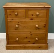 MODERN PINE CHEST OF DRAWERS - having two short over two long drawers with turned wooden knobs,