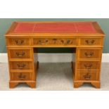 YEW REPRODUCTION TWIN PEDESTAL DESK - with red tooled leather effect top, 76cms H, 122cms W, 61cms