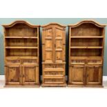 MODERN PINE MEXICAN BOOKCASES (3) - all having shaped tops, two with upper shelves over two