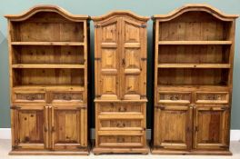 MODERN PINE MEXICAN BOOKCASES (3) - all having shaped tops, two with upper shelves over two