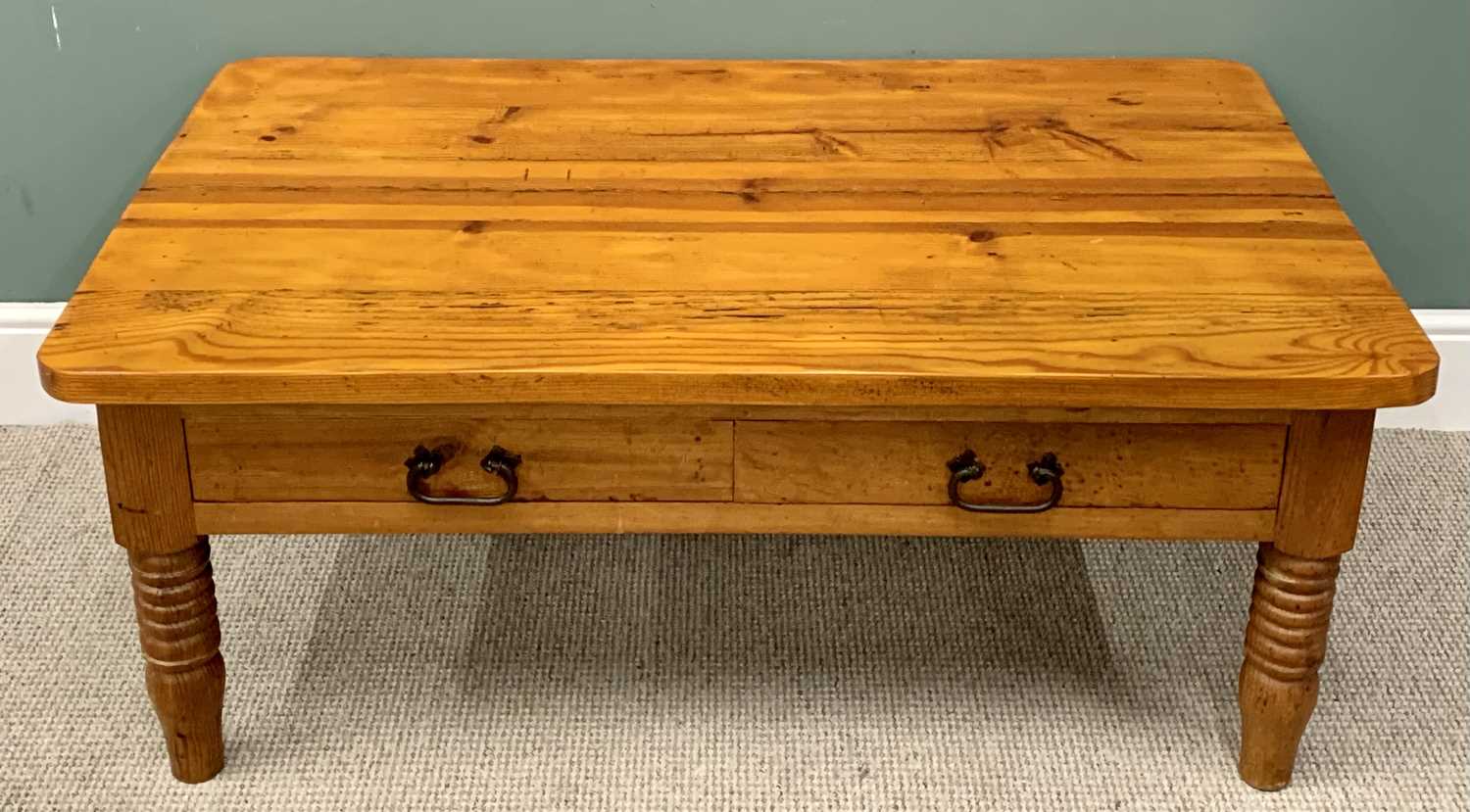 PLUS LOT 14 - MODERN PINE COFFEE TABLE - with twin drawers, 50cms H, 122cms W, 76cms D