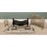 FIREPLACE/SIDE ITEMS - to include substantial fire dogs and grate, 50cms H, 74cms W, 42cms D, mesh