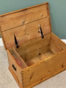 ANTIQUE STRIPPED PINE BLANKET CHEST - with lift-up lid, interior candle box, iron end carrying