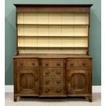 19th CENTURY OAK BREAKFRONT DRESSER - a three shelf top rack with painted wide backboards over a "T"