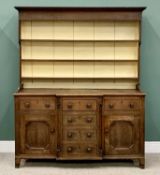 19th CENTURY OAK BREAKFRONT DRESSER - a three shelf top rack with painted wide backboards over a "T"