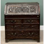 EARLY 19th CENTURY FALL FRONT BUREAU - heavily carved, fitted interior with sliding well over a