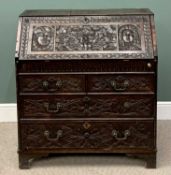 EARLY 19th CENTURY FALL FRONT BUREAU - heavily carved, fitted interior with sliding well over a