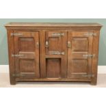 REPRODUCTION ANTIQUE OAK MULTI-DOOR CUPBOARD - with panelled front and rustic door furniture, 102cms