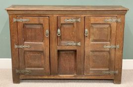 REPRODUCTION ANTIQUE OAK MULTI-DOOR CUPBOARD - with panelled front and rustic door furniture, 102cms