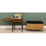 MID CENTURY SINGER SEWING MACHINE & WORK TABLE - 96cms H, 56cms W, 43cms D and a bow fronted, wood