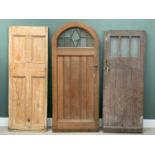 VINTAGE DOORS (3) - solid wood, one with arched top and leaded glass section, 200cms H, 85cms W,