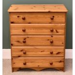 MODERN PINE CHEST OF DRAWERS - having five long drawers with turned wooden knobs, 92cms H, 80cms