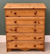 MODERN PINE CHEST OF DRAWERS - having five long drawers with turned wooden knobs, 92cms H, 80cms