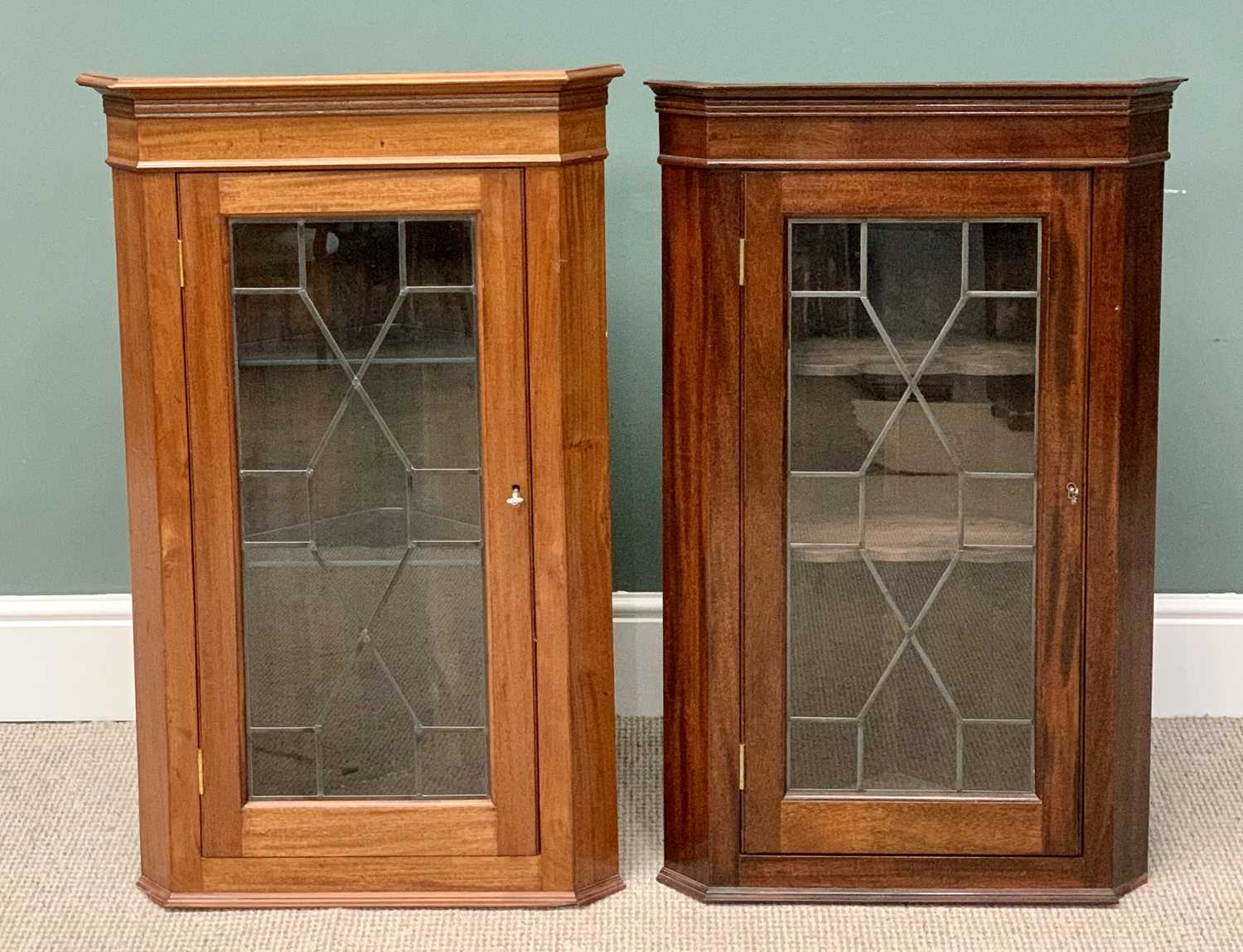 VINTAGE MAHOGANY WALL HANGING CABINETS - two similar with astragal leaded glass single doors,