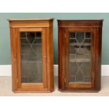 VINTAGE MAHOGANY WALL HANGING CABINETS - two similar with astragal leaded glass single doors,