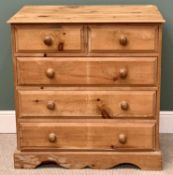 MODERN STRIPPED PINE CHEST OF DRAWERS - having two short over three long drawers with turned