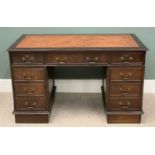 TWIN PEDESTAL DESK - reproduction mahogany having three frieze drawers over three drawers to each