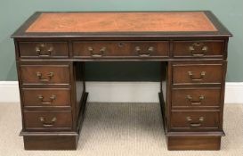 TWIN PEDESTAL DESK - reproduction mahogany having three frieze drawers over three drawers to each