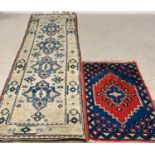 TWO RUGS - Eastern woollen carpet runner, blue and cream, 363 x 99cms together with a smaller rug,