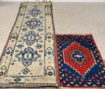 TWO RUGS - Eastern woollen carpet runner, blue and cream, 363 x 99cms together with a smaller rug,